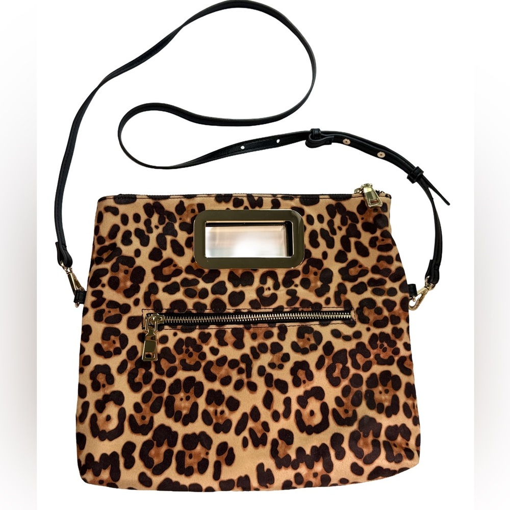 INC International Concepts Leopard / Black Fold Over Crossbody with black strap.